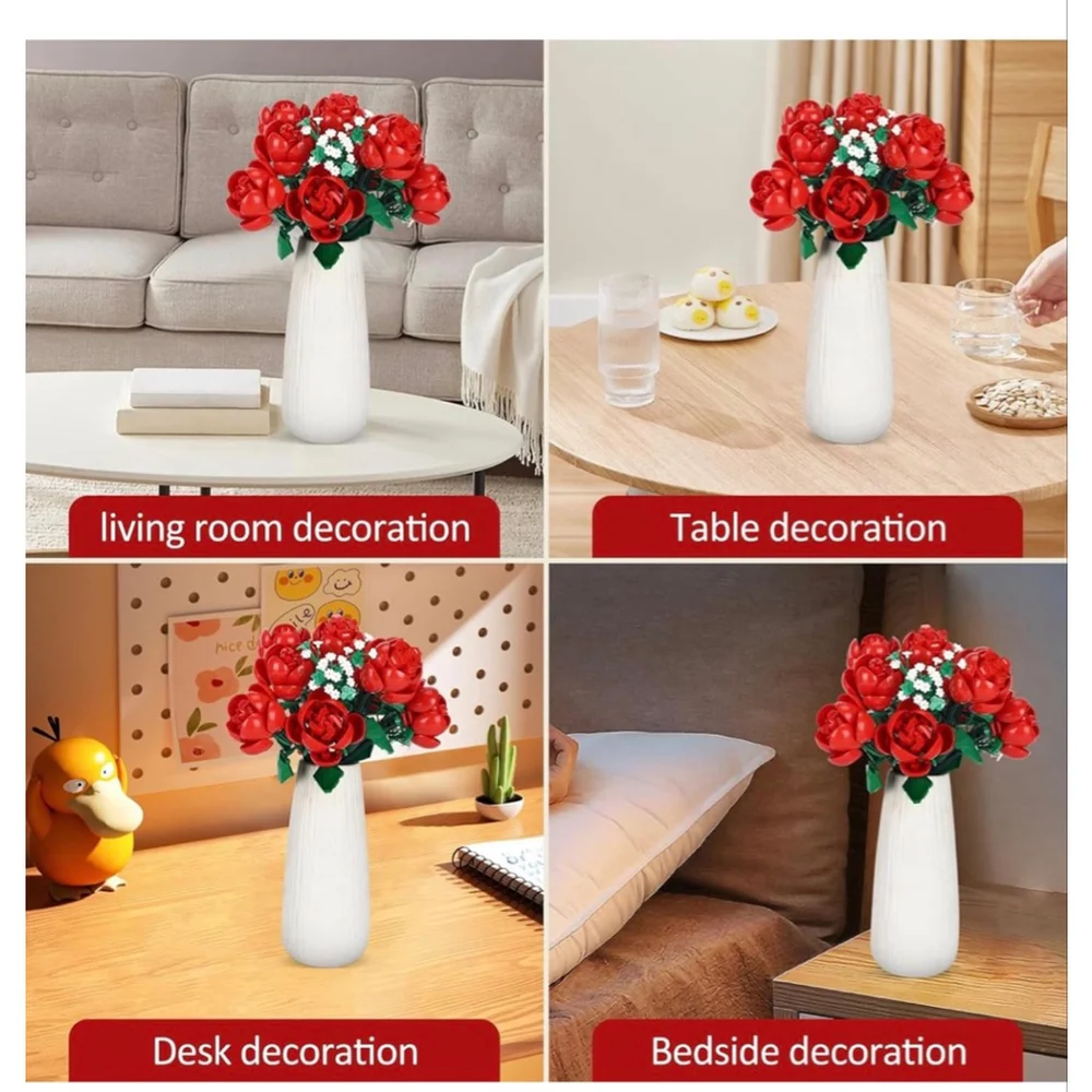 NEW Dexblocks Red & White Faux Floral Rose Bouquet Building Blocks One Size